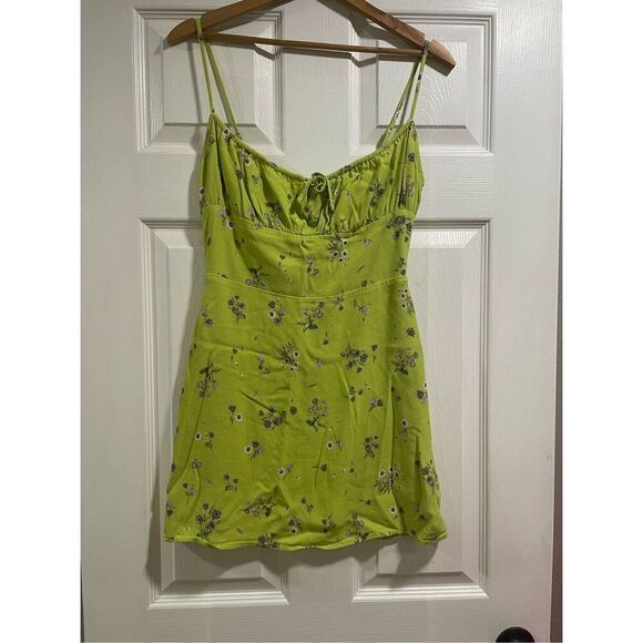 Aritzia Sunday Best Womens Neon Green Floral Smocked Back Mini Dress Size Small - Picture 1 of 6